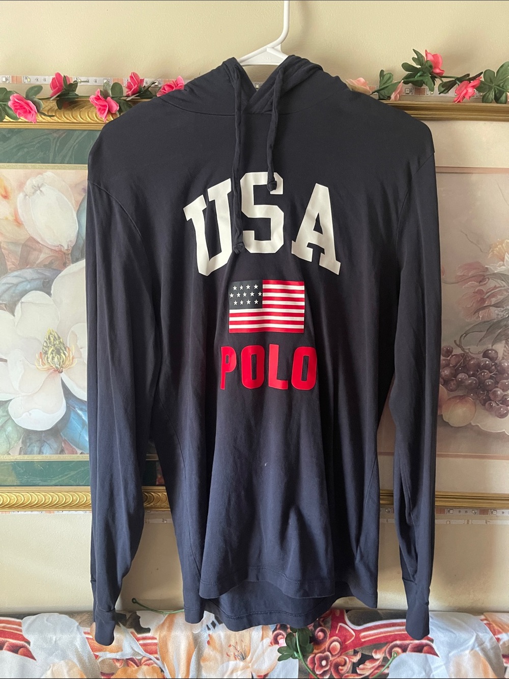 Polo by Ralph Lauren Navy USA Hooded Long Sleeve with Flag Graphic